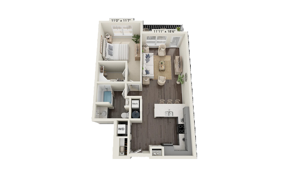 Cedar - 1 bedroom floorplan layout with 1 bath and 762 square feet.